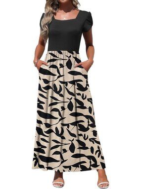Women's Tan Leaf Square Neck Maxi Dresses Petal Short Sleeve Casual Long Dress